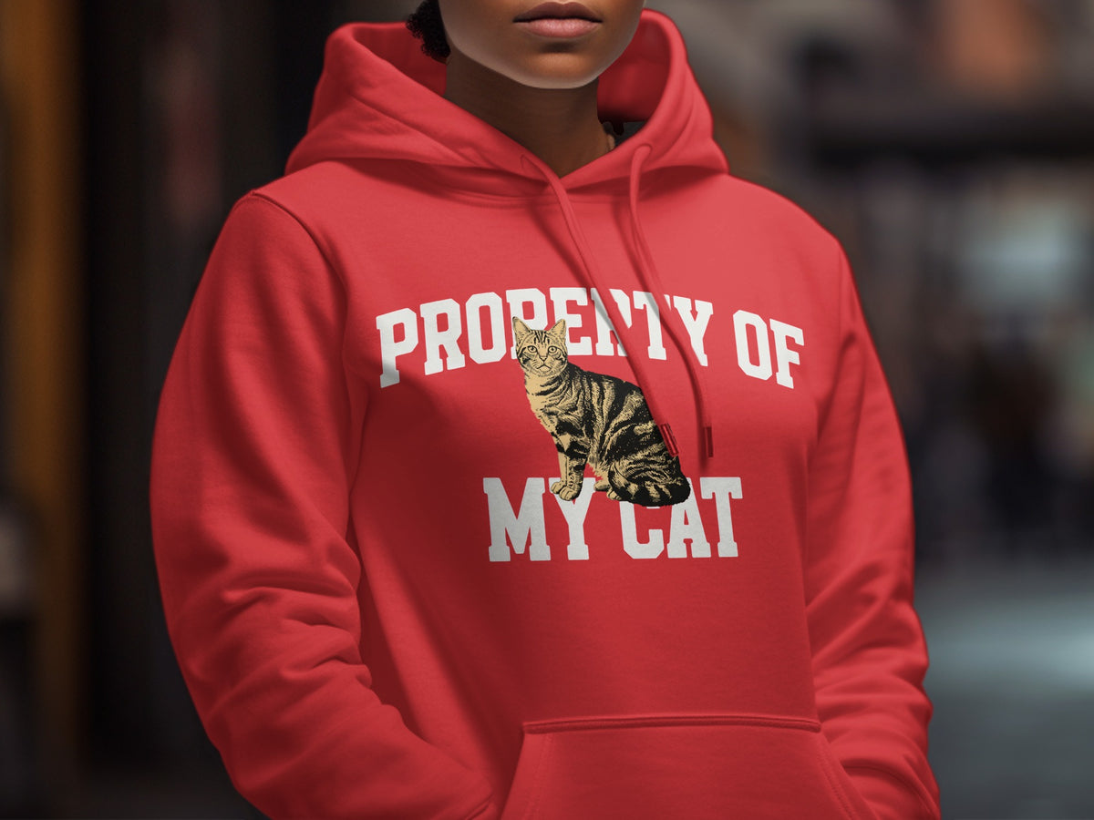 Red hoodie with "Property of My Cat" text and a tabby cat graphic.