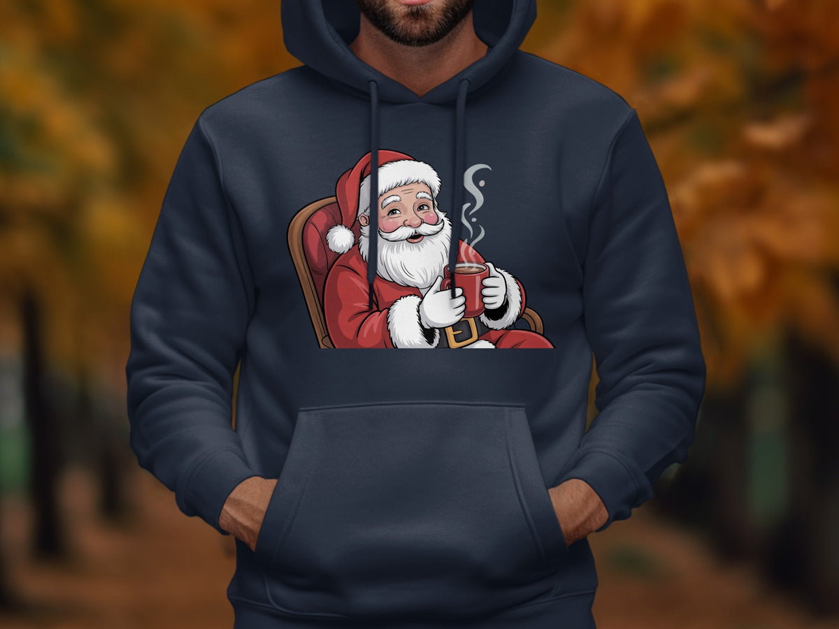 Illustration of Santa Claus sitting in a chair holding a mug of hot chocolate.
