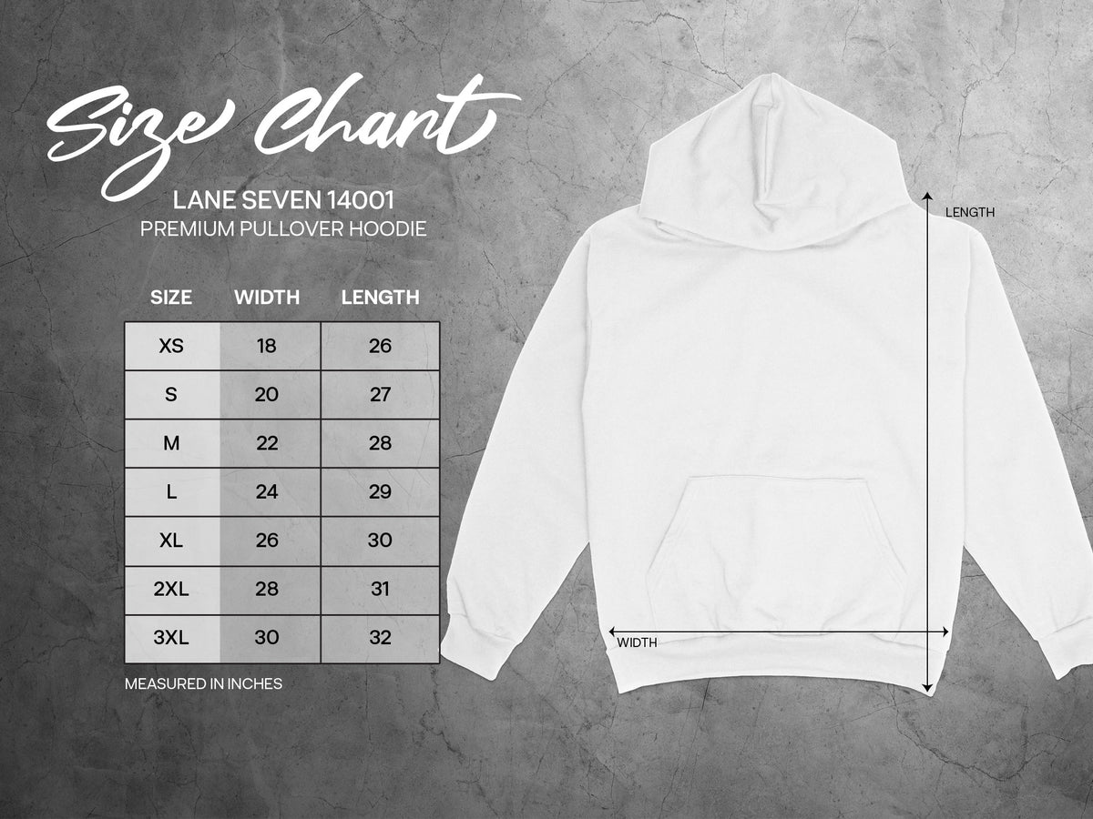 Lane Seven 14001 premium pullover hoodie size chart with width and length measurements in inches.