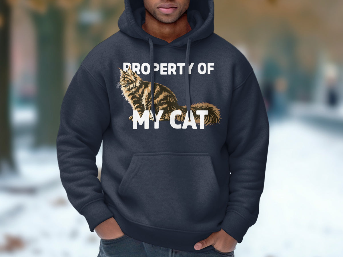 Navy hoodie with "Property Of My Cat" text and a cat illustration.