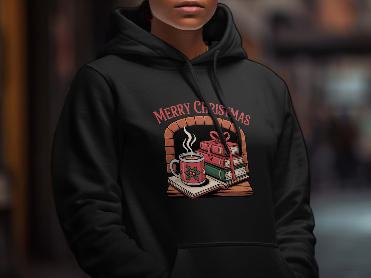 Black hoodie with a Merry Christmas graphic of books, hot cocoa, and holly.