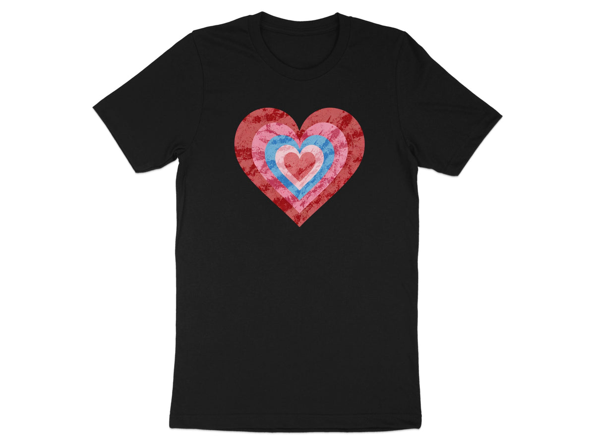 Black t-shirt with layered hearts featuring distressed pink, blue, and red hues.
