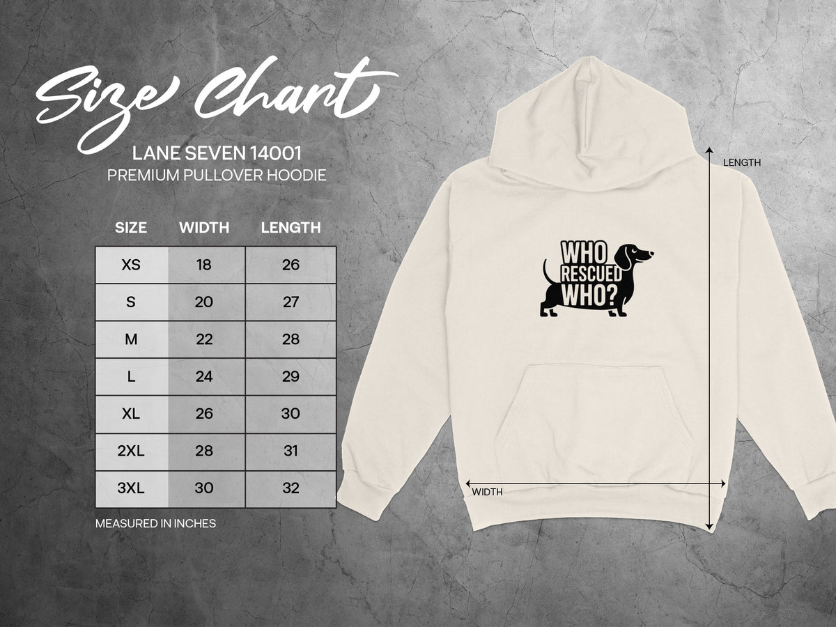 Size chart for Lane Seven 14001 premium pullover hoodie with dachshund graphic.