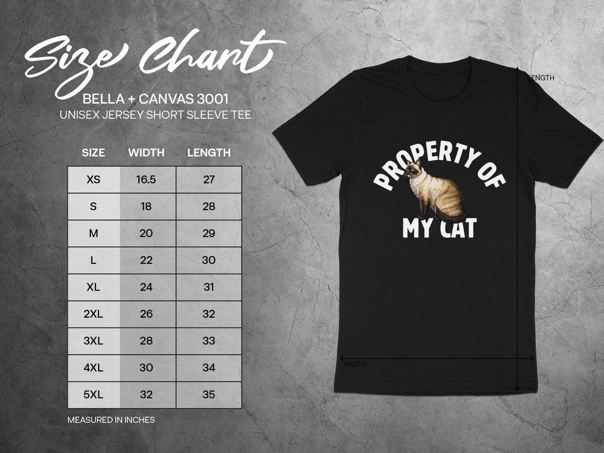 Size chart for Bella + Canvas 3001 unisex t-shirt with cat graphic.