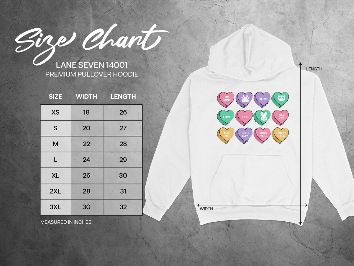 Size chart for Lane Seven 14001 Premium Pullover Hoodie with width and length in inches.