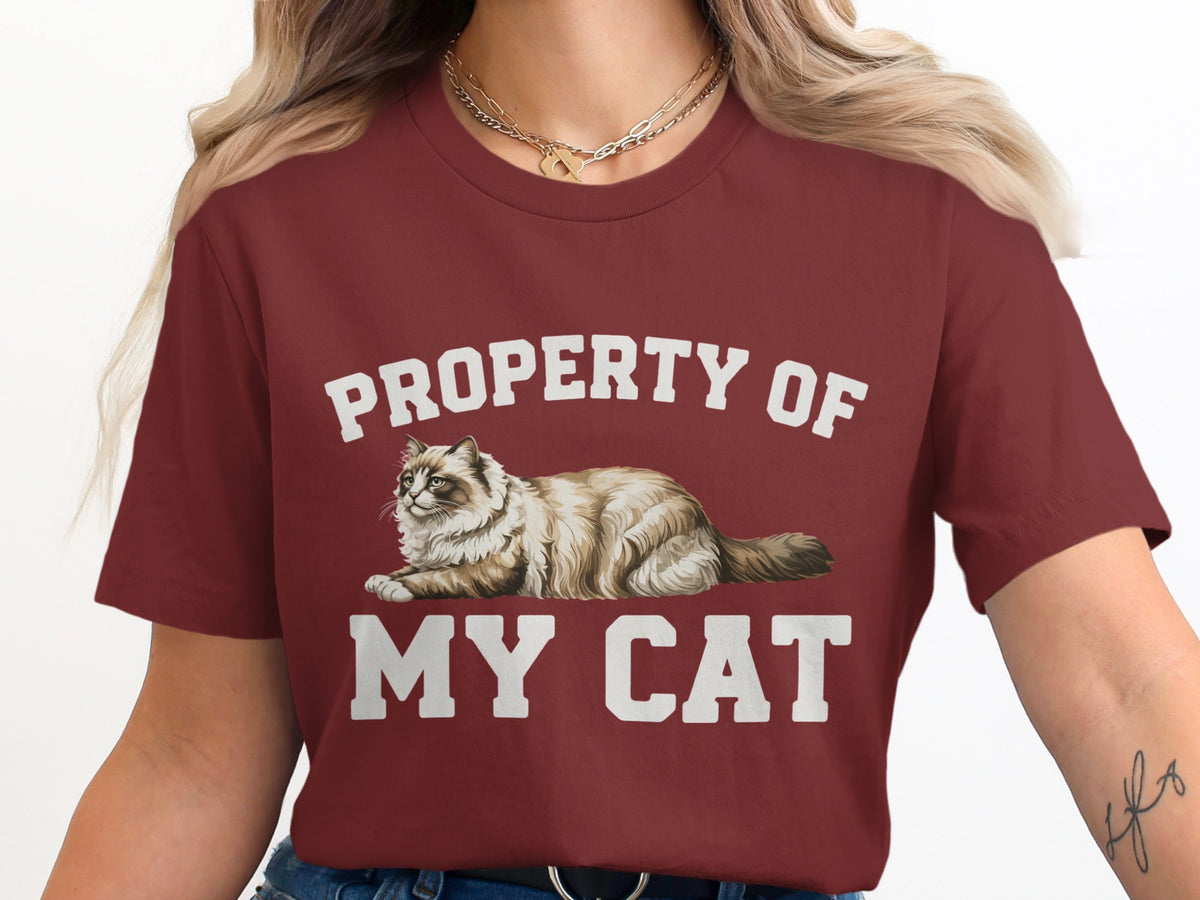 Maroon t-shirt with "PROPERTY OF MY CAT" text and a drawing of a fluffy cat.