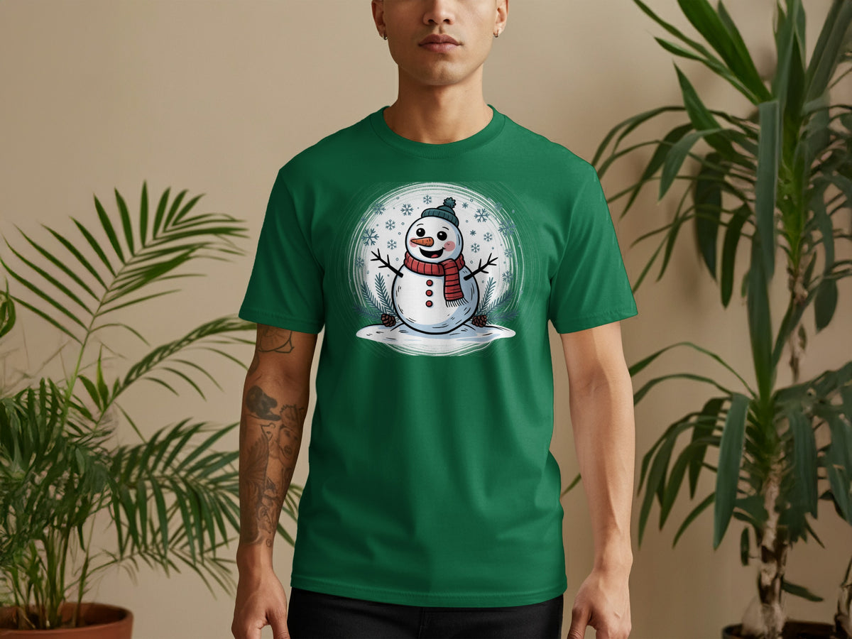 Green t-shirt with a cartoon snowman wearing a hat and scarf.
