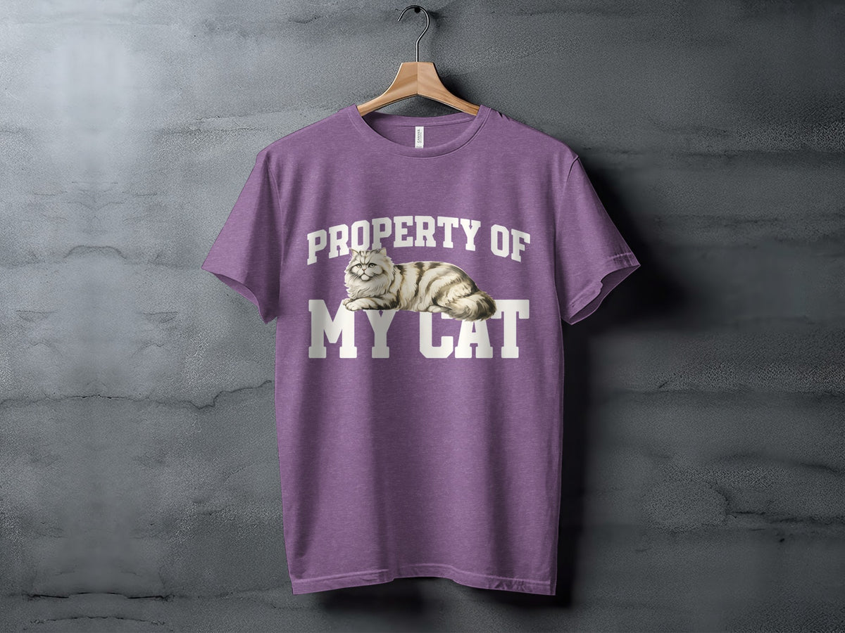 Purple t-shirt with "Property of My Cat" text and a cat illustration.