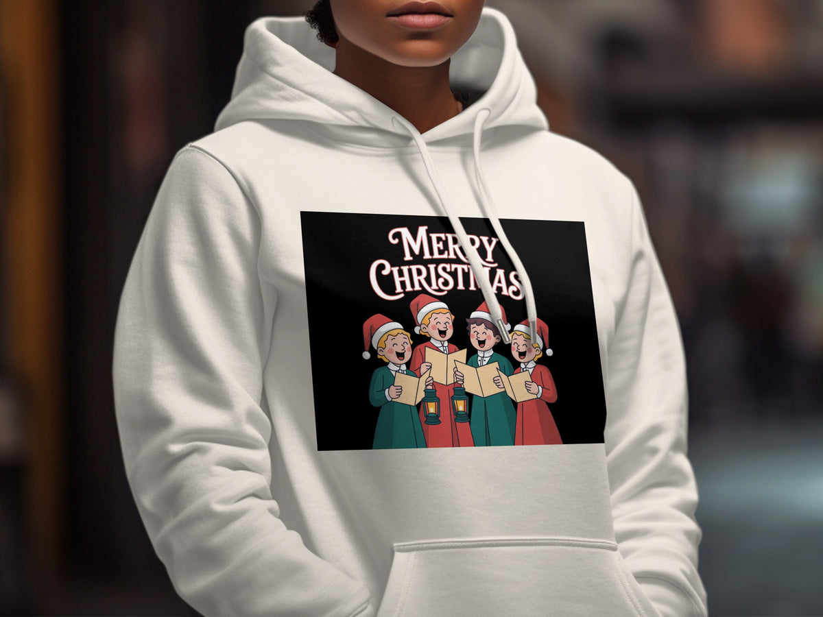 White hoodie with a "Merry Christmas" graphic featuring carolers and lanterns.