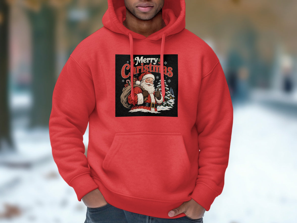 Red hoodie with a graphic of Santa Claus and "Merry Christmas" text.