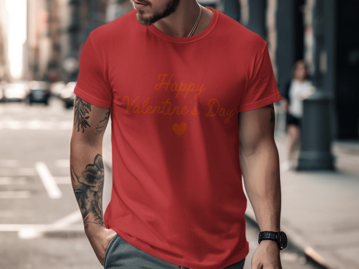 Red t-shirt with "Happy Valentine's Day" text and a heart graphic.
