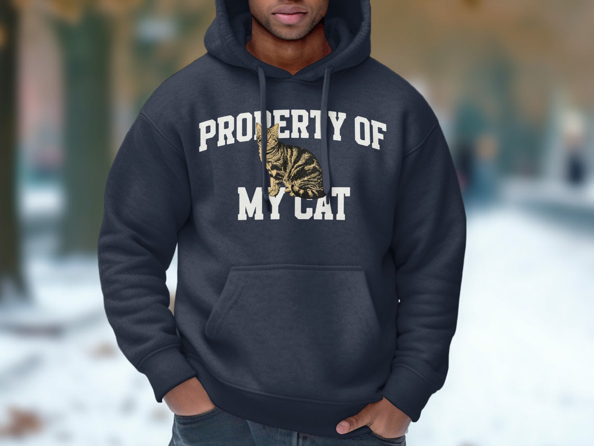 Dark blue hoodie with "PROPERTY OF MY CAT" and a cat illustration.
