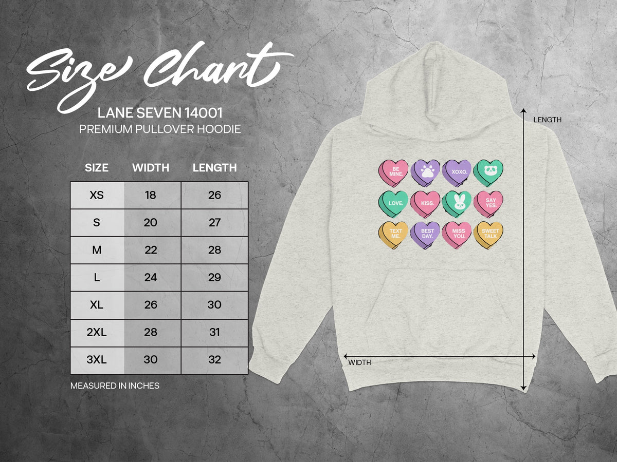 Lane Seven 14001 hoodie size chart with measurements and candy heart graphic.