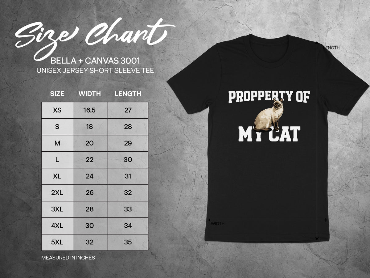 Bella + Canvas 3001 size chart for unisex short sleeve tee with cat graphic.