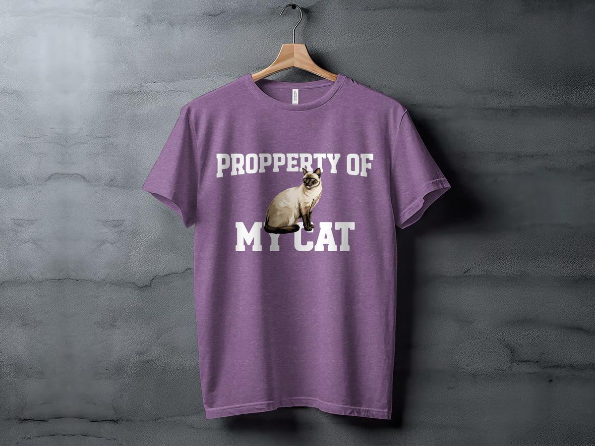 Purple t-shirt with "PROPERITY OF MY CAT" text and Siamese cat graphic.