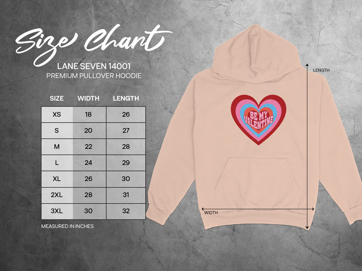 Lane Seven 14001 Premium Pullover Hoodie size chart with width and length measurements.