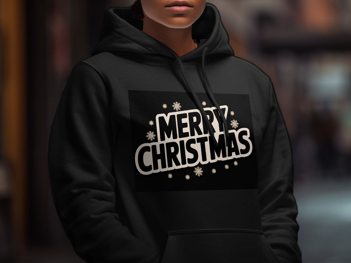 Black hoodie with "Merry Christmas" text and snowflakes.
