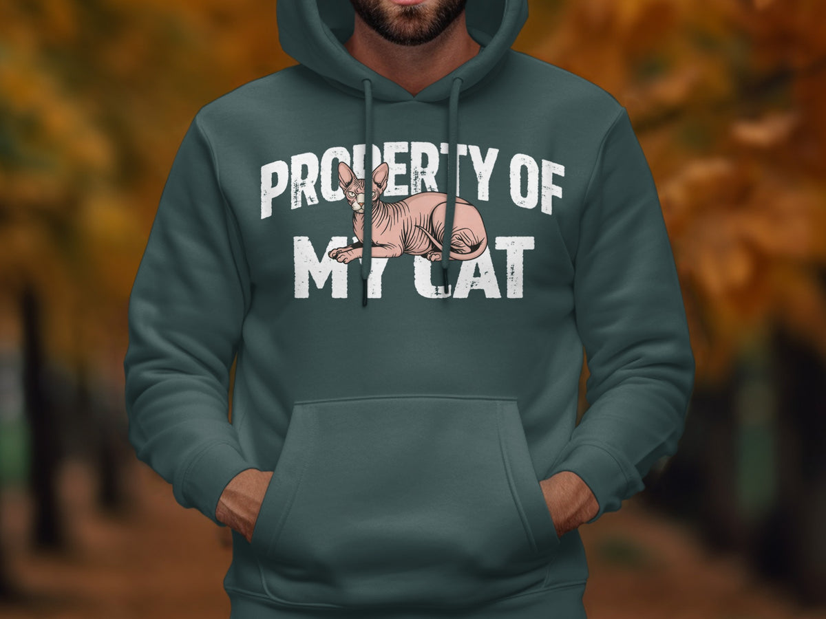Green hoodie with "Property Of My Cat" and a Sphynx cat graphic.