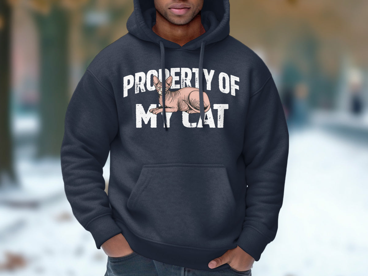 Dark blue hoodie with "PROPERTY OF MY CAT" and a hairless cat graphic.