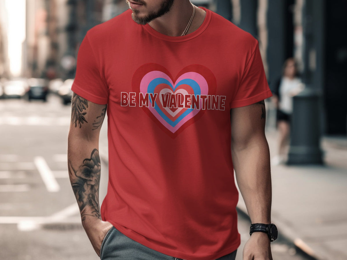 Red t-shirt with "BE MY VALENTINE" text over concentric hearts.