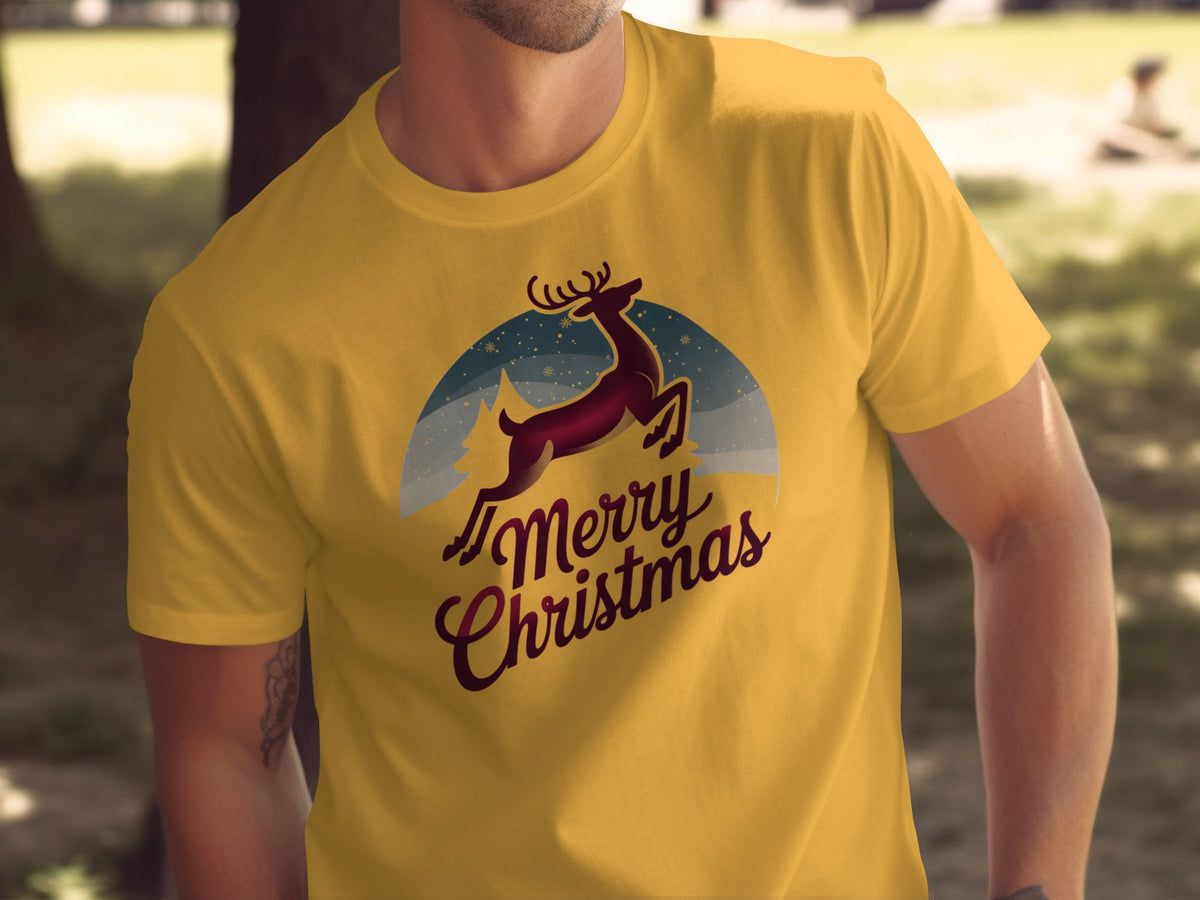 Yellow t-shirt with a jumping deer and "Merry Christmas" text.