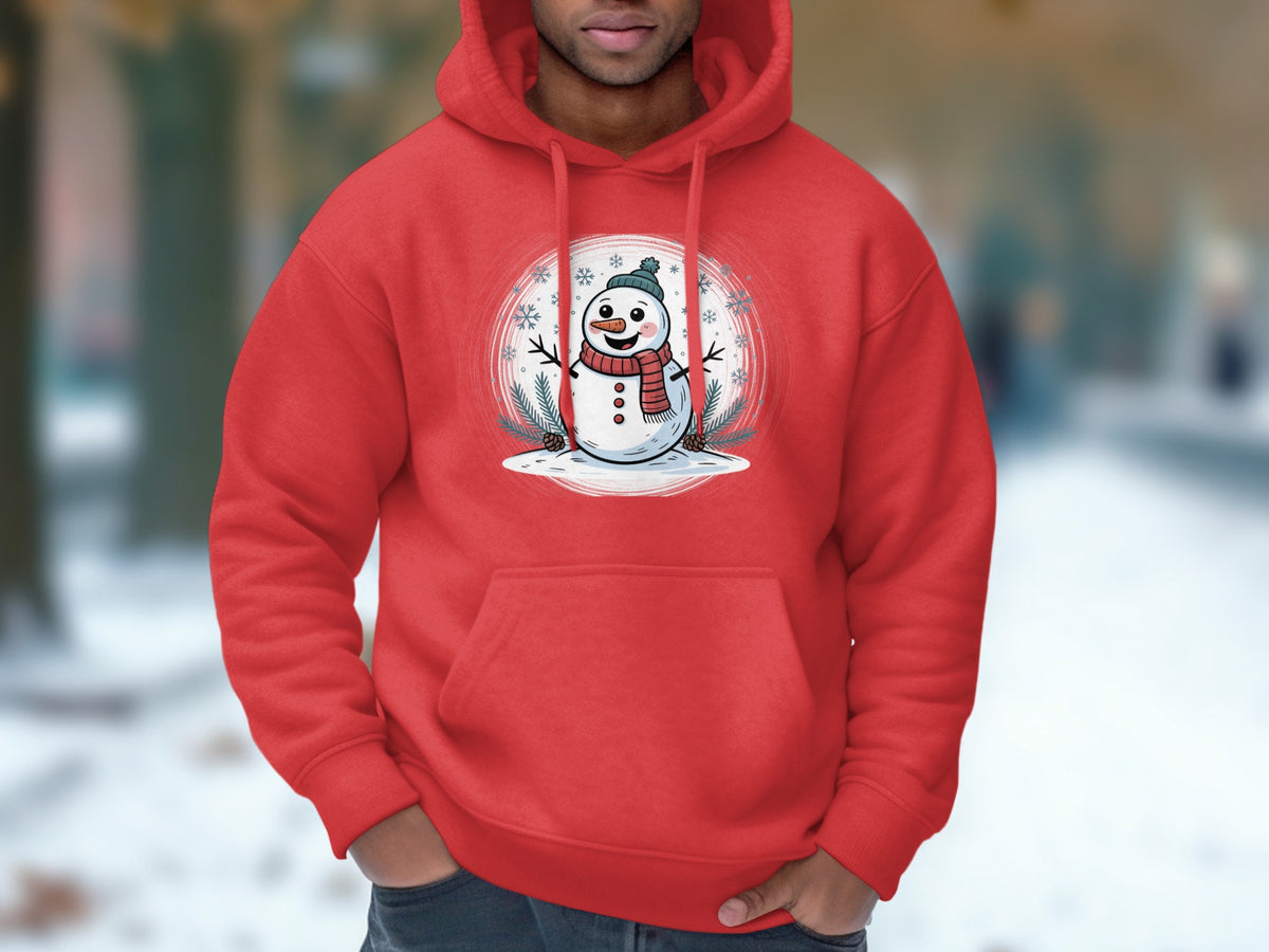Red hoodie with a cartoon snowman wearing a scarf and hat.