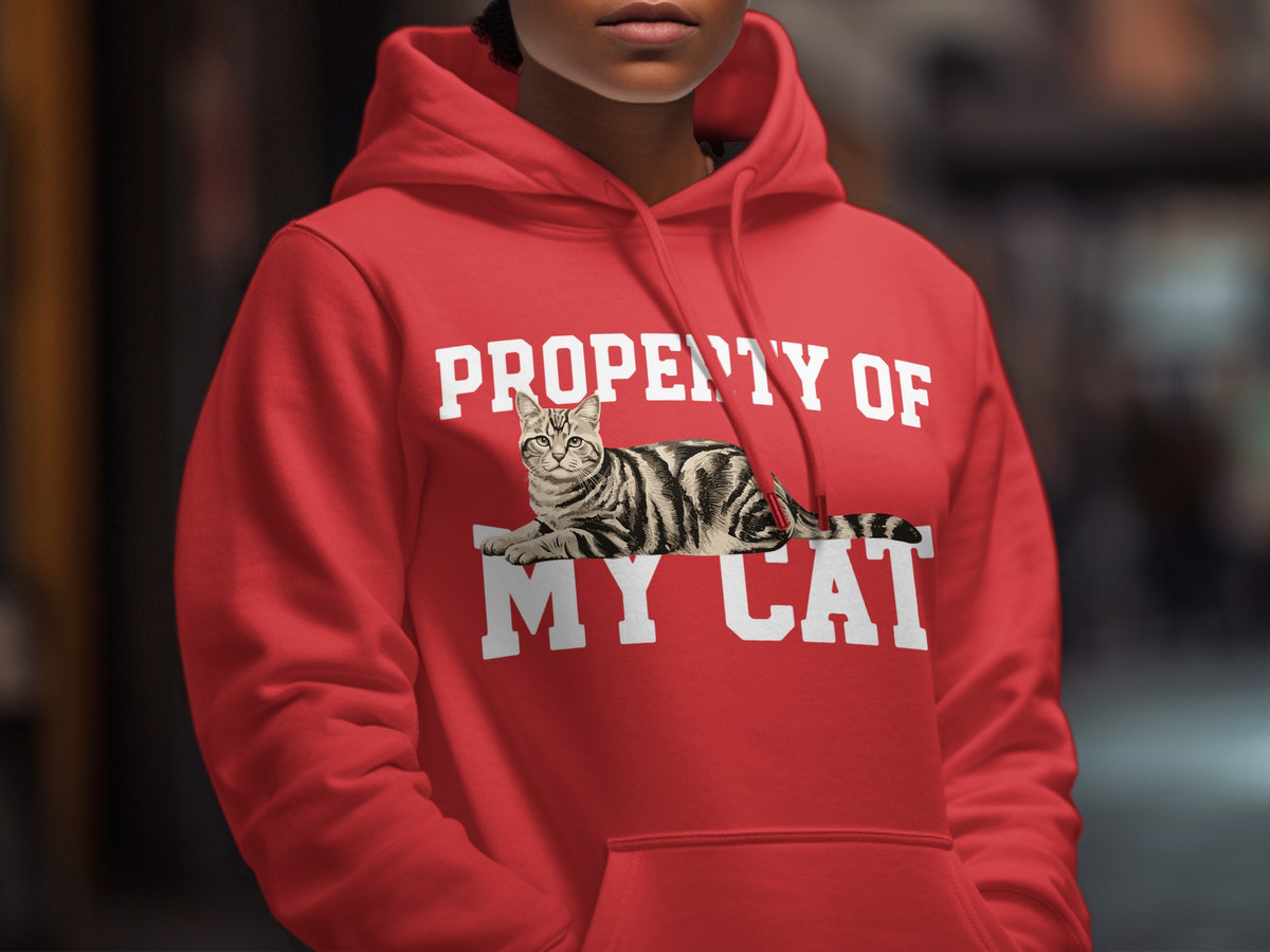 Red hoodie with "PROPERTY OF MY CAT" and a tabby cat graphic.