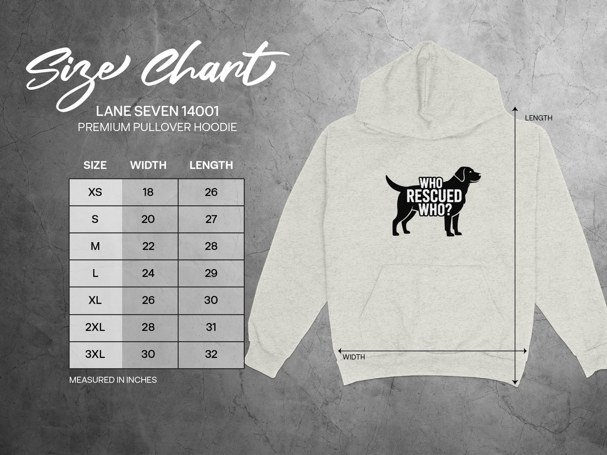 Size chart for Lane Seven 14001 premium pullover hoodie with dog graphic.