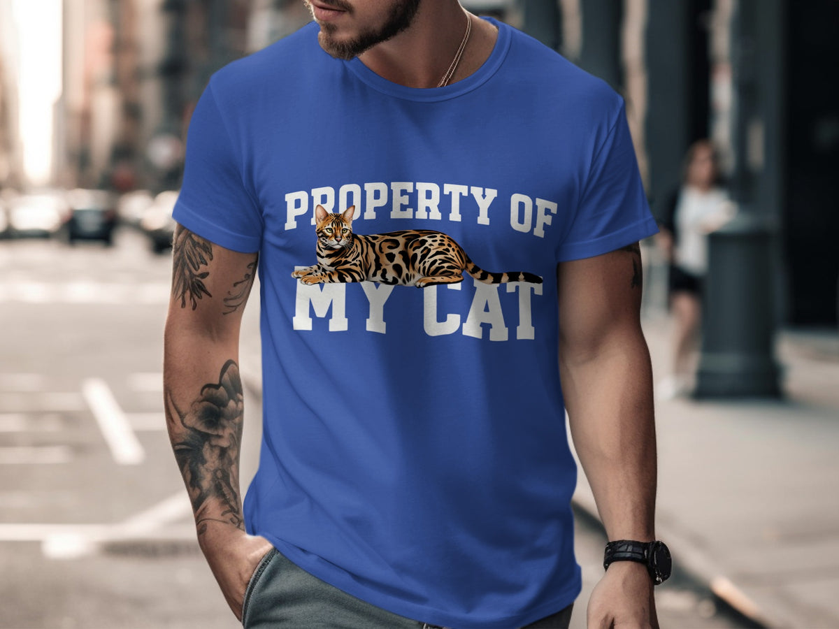 Blue t-shirt with "Property of My Cat" text and a Bengal cat graphic.
