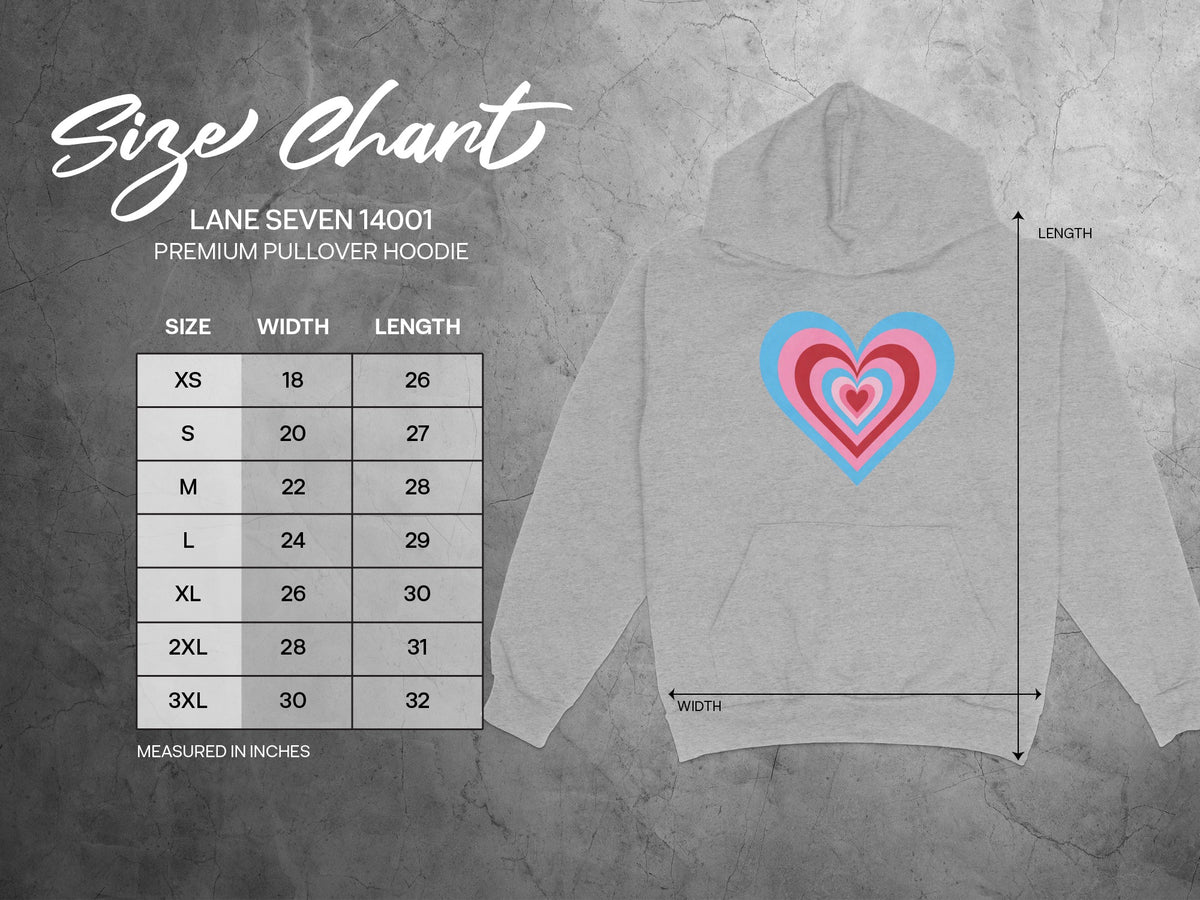 Size chart for Lane Seven 14001 premium pullover hoodie with heart graphic.