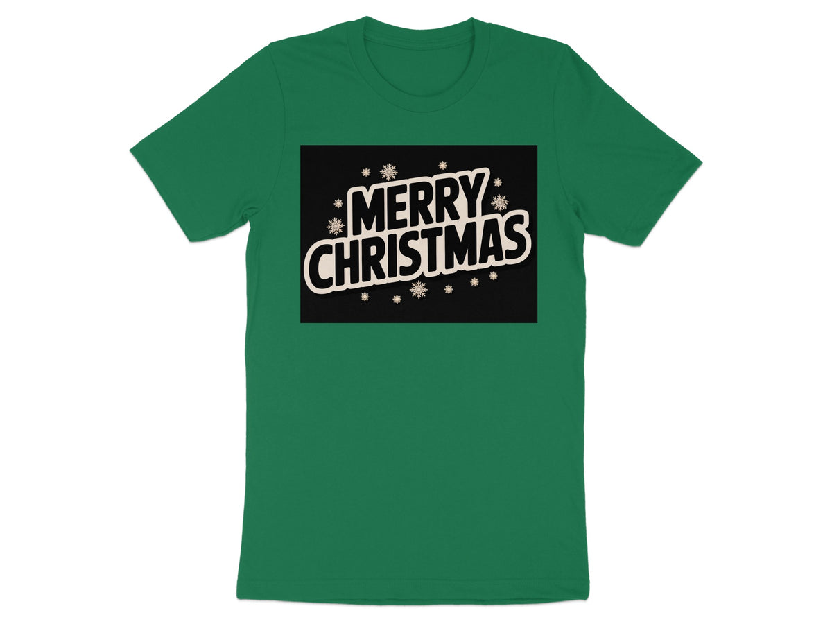 Green t-shirt with "Merry Christmas" text and snowflake graphics.