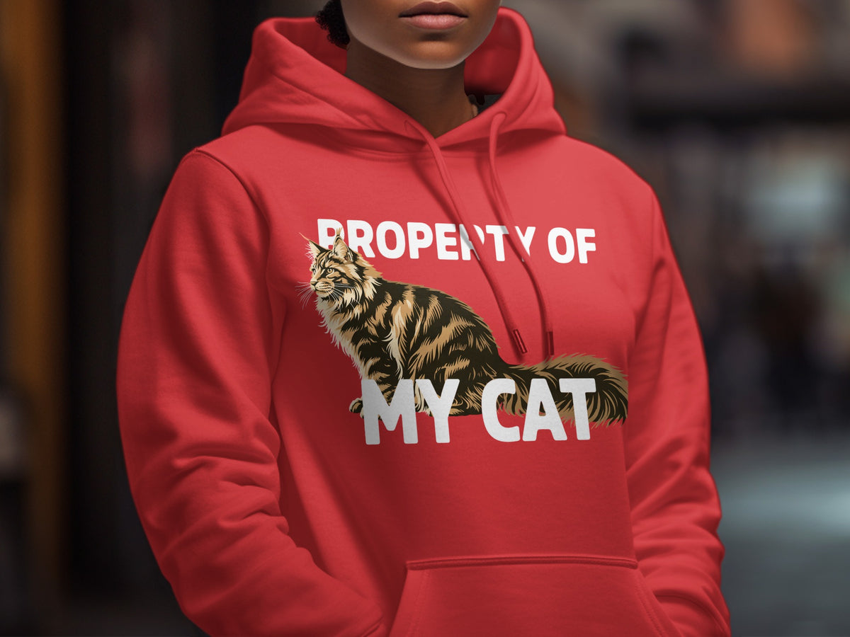 Red hoodie with "PROPERTY OF MY CAT" and a cat illustration.