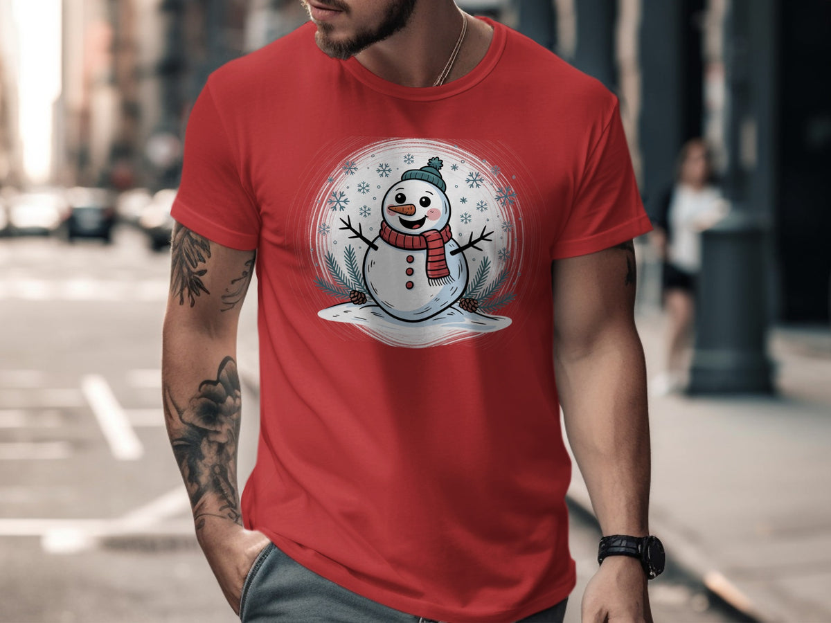Red t-shirt with a cartoon snowman wearing a scarf and hat.