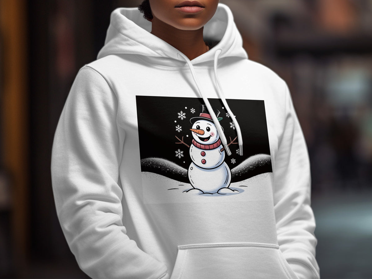White hoodie with a smiling snowman graphic on the front.