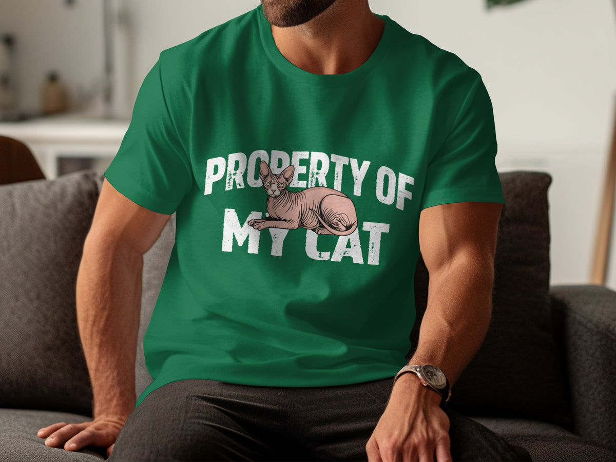 Green t-shirt with "PROPERTY OF MY CAT" and a Sphynx cat graphic.