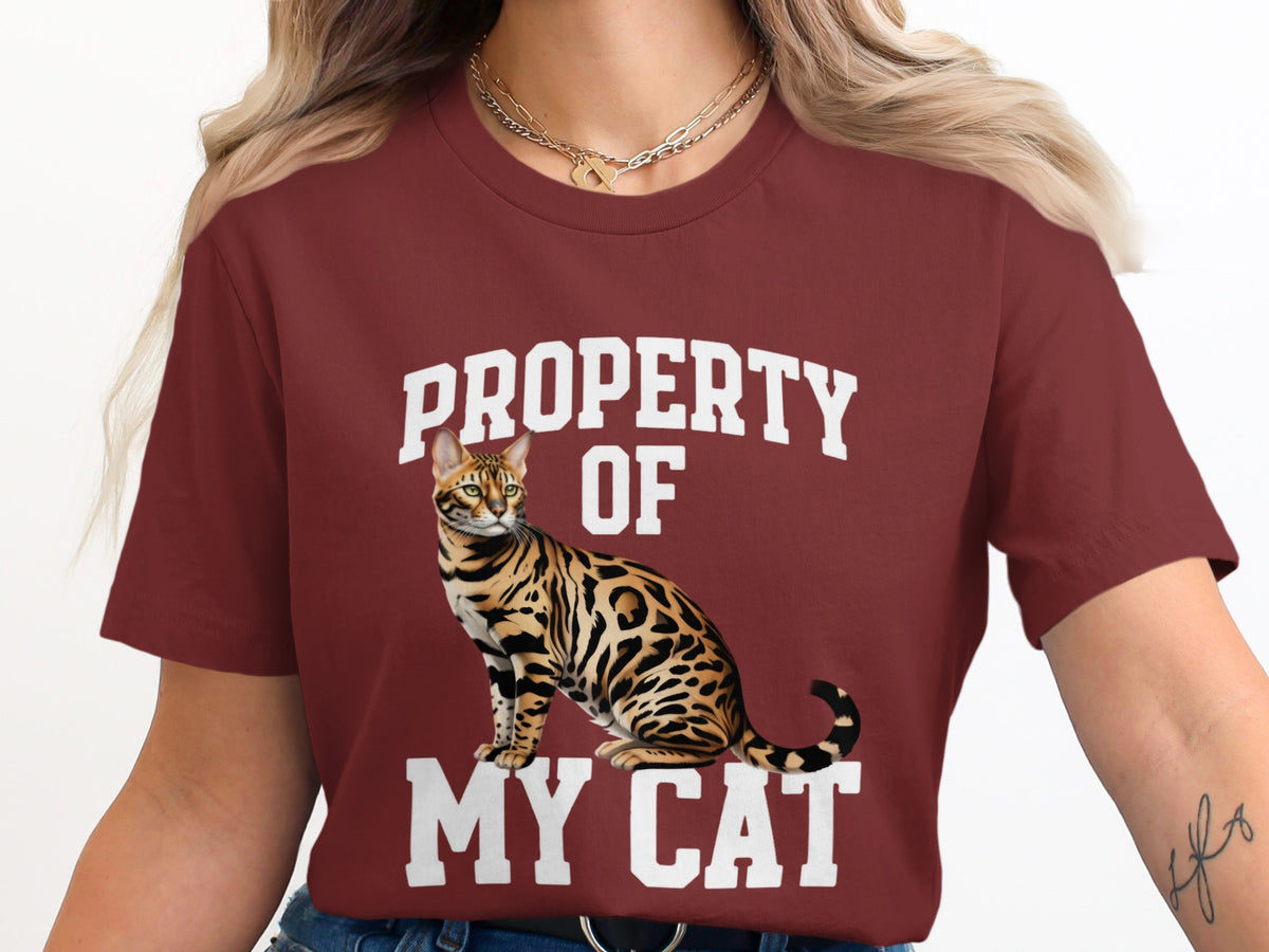 Maroon t-shirt with Bengal cat graphic and "PROPERTY OF MY CAT" text.