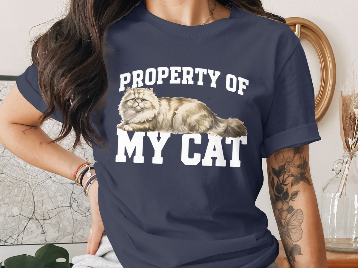 T-shirt with "PROPERTY OF MY CAT" and a fluffy cat illustration.