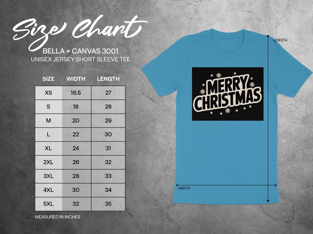 BELLA + CANVAS 3001 unisex t-shirt size chart with width and length measurements.