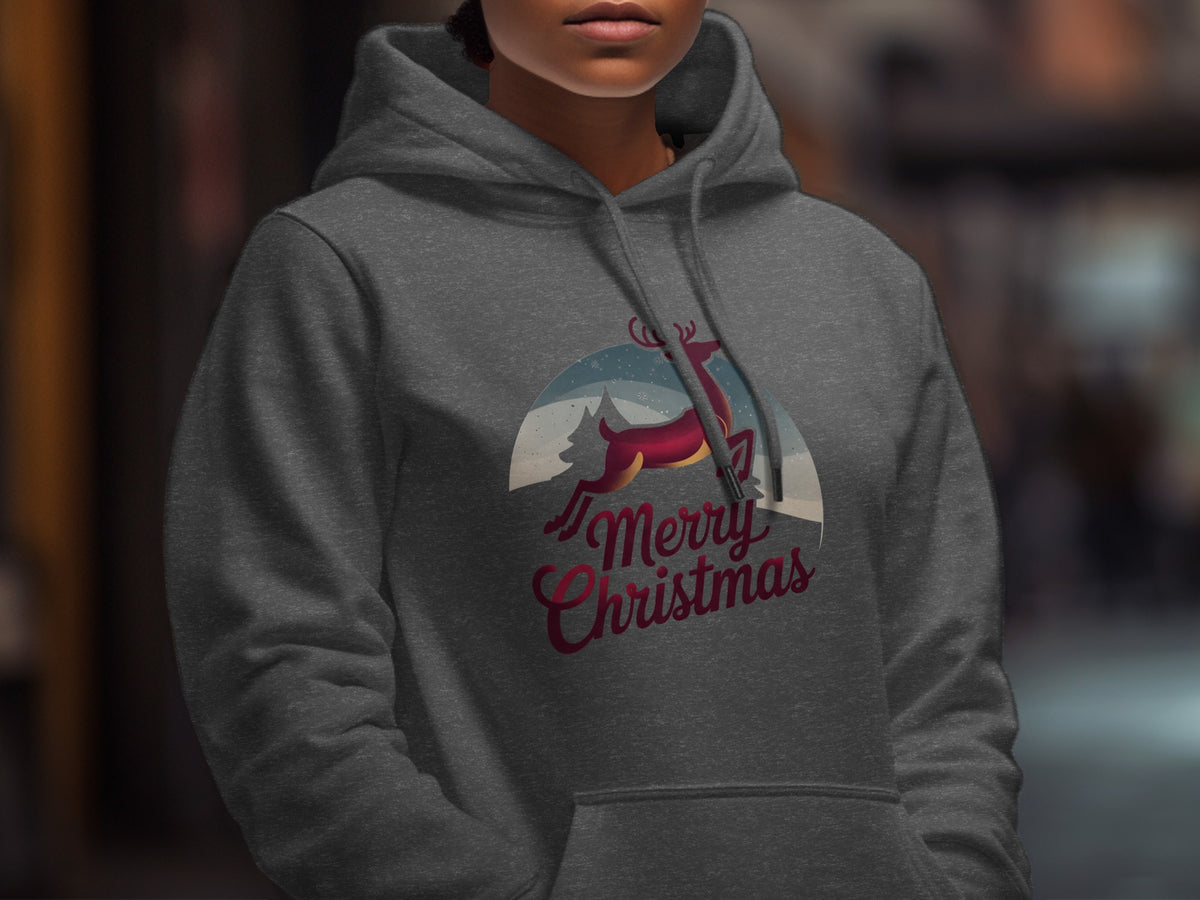 Dark grey hoodie with a red reindeer and "Merry Christmas" graphic.