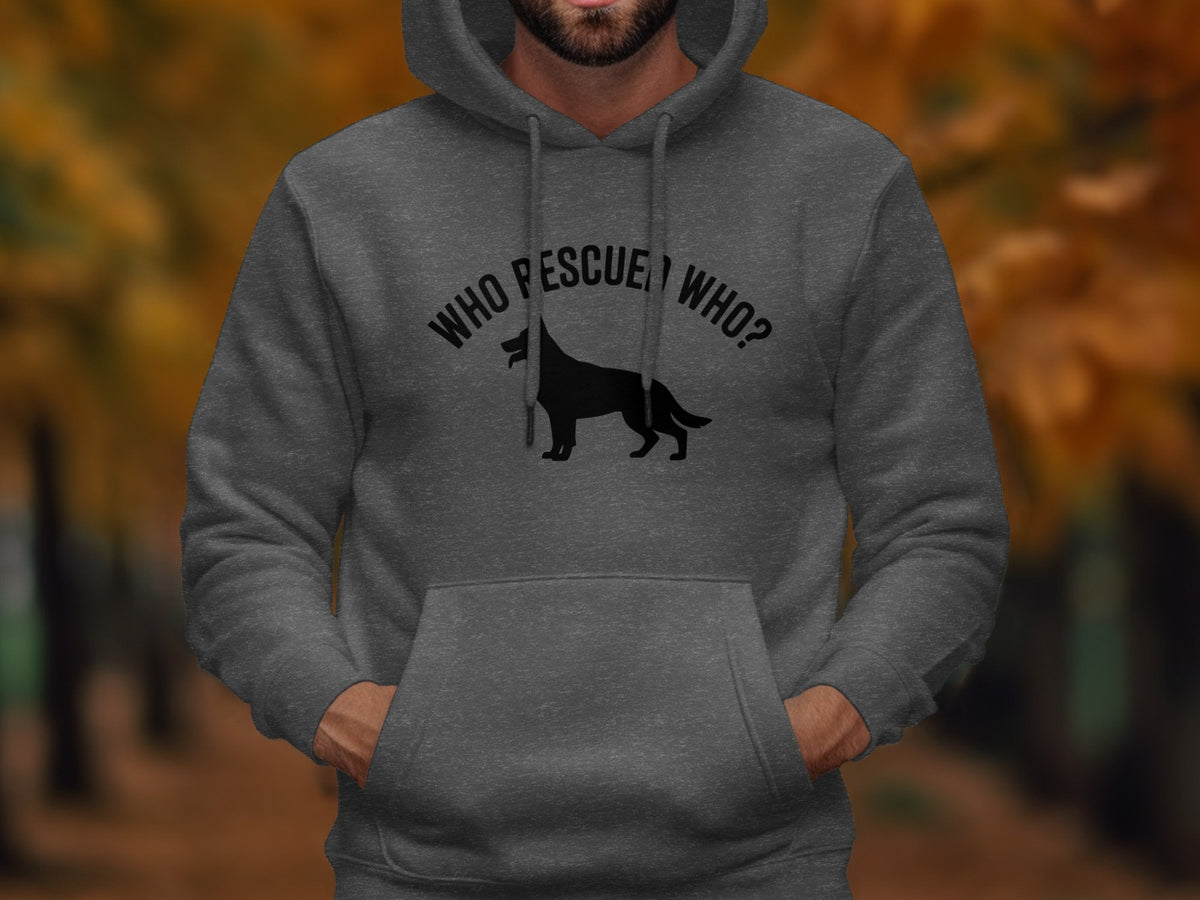 Dark grey hoodie with "WHO RESCUE WHO?" text and black dog silhouette.