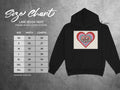 Lane Seven 14001 premium pullover hoodie size chart with "Be My Valentine" graphic.