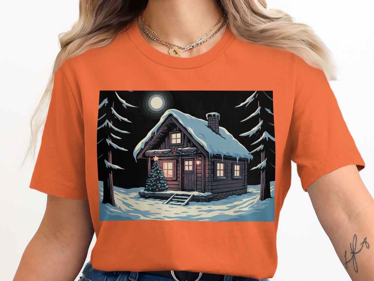 Snowy cabin with Christmas tree under moonlight, surrounded by trees.