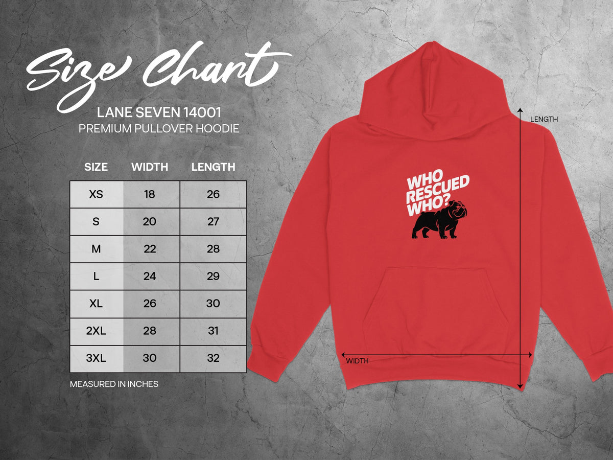 Lane Seven 14001 hoodie size chart with width and length measurements in inches.