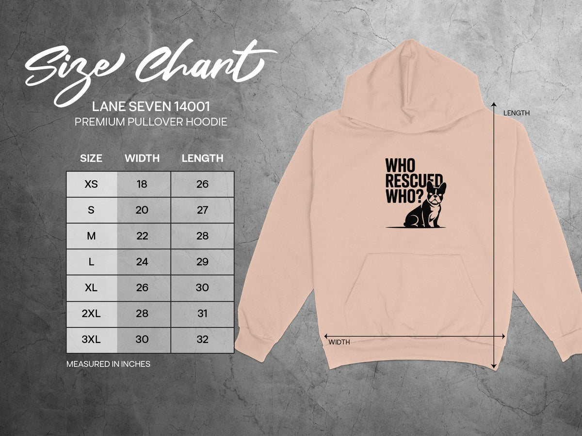 Size chart for Lane Seven 14001 premium pullover hoodie with dog graphic.