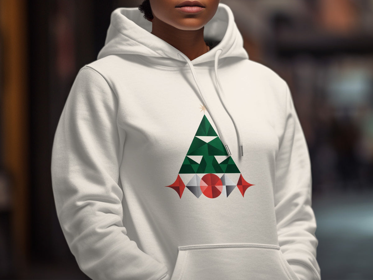White hoodie with geometric Christmas tree and ornaments design on chest.