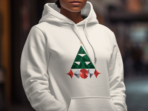 White hoodie with geometric Christmas tree and ornaments design on chest.