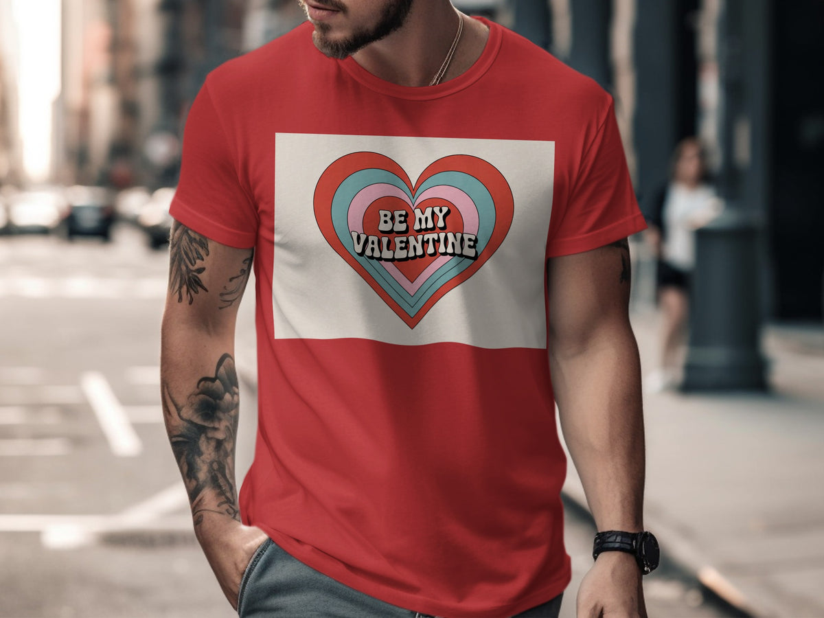 Red t-shirt with a layered heart graphic and "Be My Valentine" text.