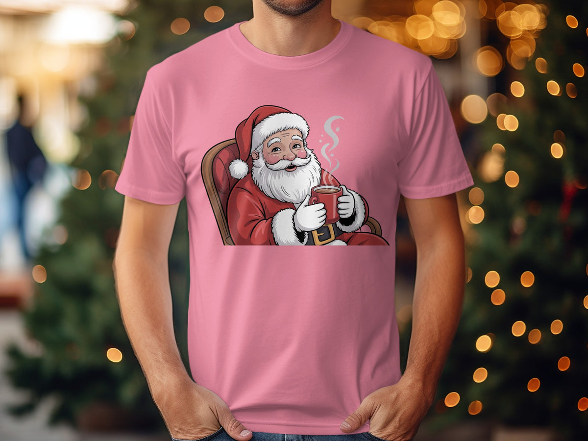 Santa Claus with a mug of hot cocoa on a pink t-shirt