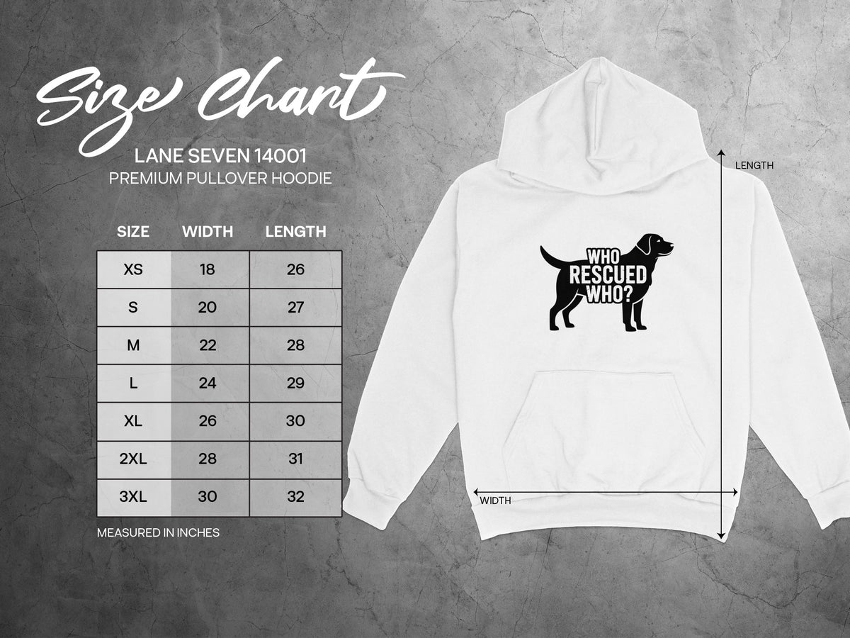 Lane Seven 14001 hoodie size chart, with measurements in inches.