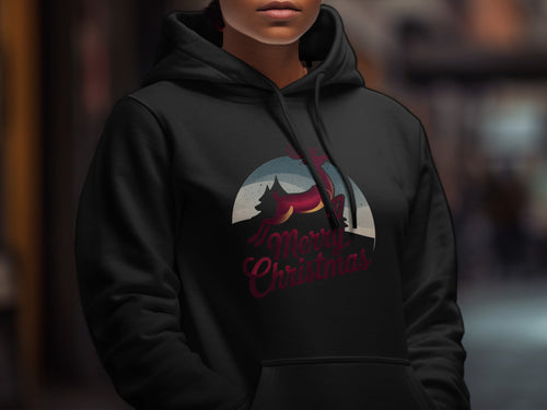 Black hoodie with a round graphic featuring a reindeer, tree, and the text "Merry Christmas".